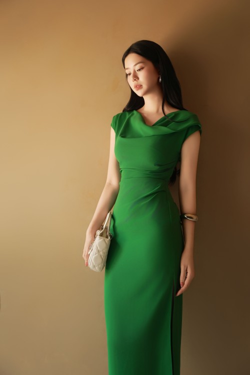 Sixdo Green Silk Sarong Dress